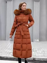 Women's Winter Hooded Coat with Detachable Faux Fur Collar and Belt