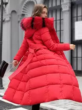 Women's Winter Hooded Coat with Detachable Faux Fur Collar and Belt