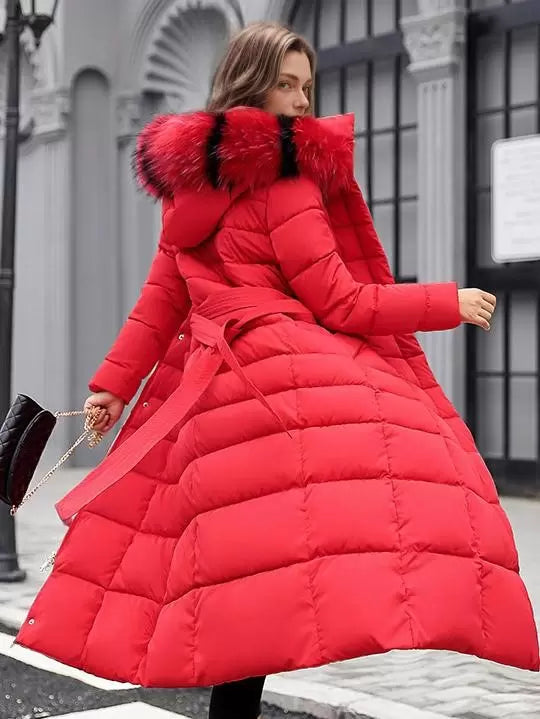 Women's Winter Hooded Coat with Detachable Faux Fur Collar and Belt